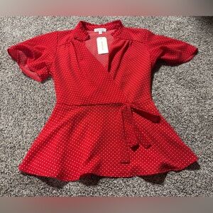 Monteau NWT red and white polka dot wrap tie front peplum blouse